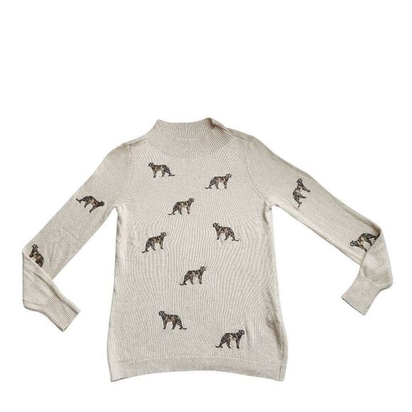 Chicos Sweater Womens Medium Wool Cashmere Blend Embroidered Cheetah Tan Animal - Picture 2 of 5